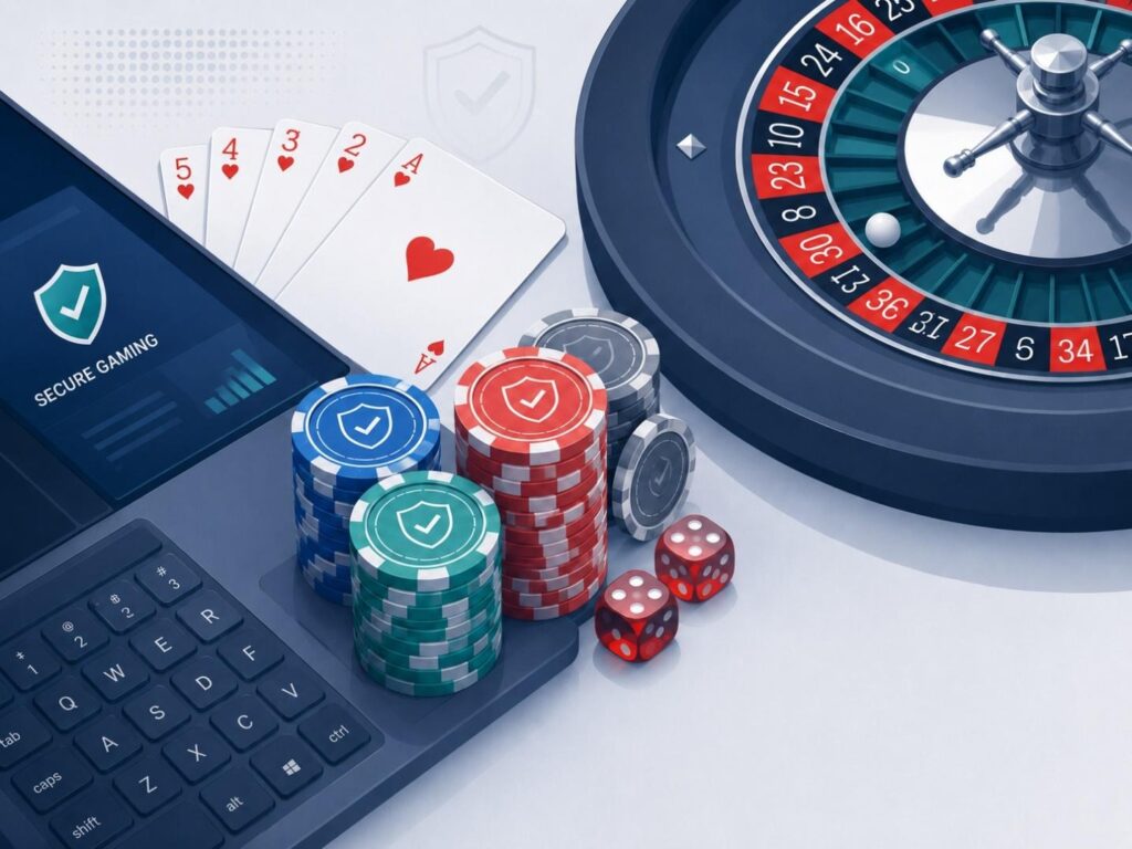 Online casino gaming setup with cards, chips, dice, and roulette wheel on a laptop