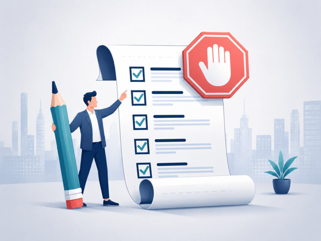 Businessman reviewing a compliance checklist with a stop sign warning