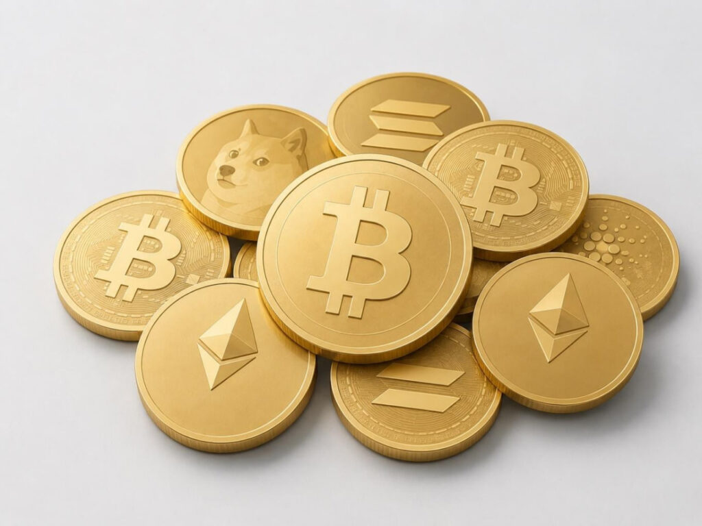 Gold cryptocurrency coins including Bitcoin, Ethereum, Dogecoin, Solana, and Cardano