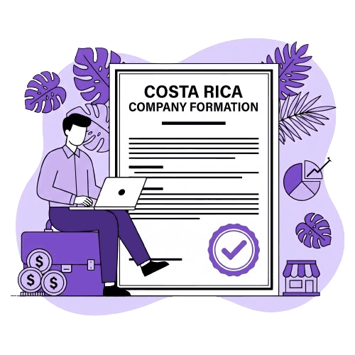 Businessman working on laptop in front of Costa Rica Company Formation document with approval seal