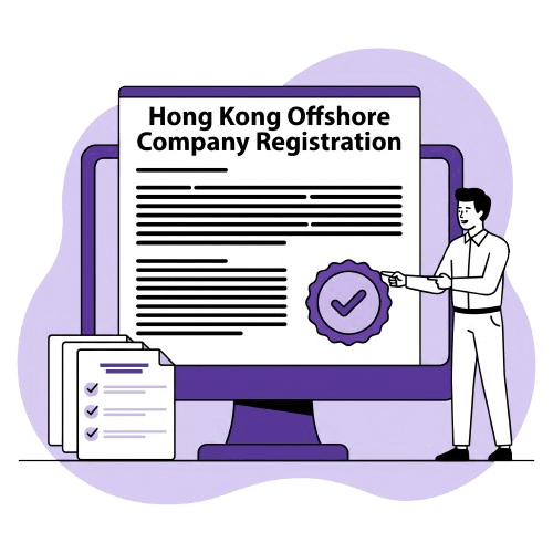 Man pointing at a monitor showing a Hong Kong offshore company registration document with a approved seal and checklist