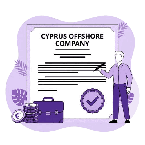 Businessman signing Cyprus Offshore Company registration document with euro coins and briefcase